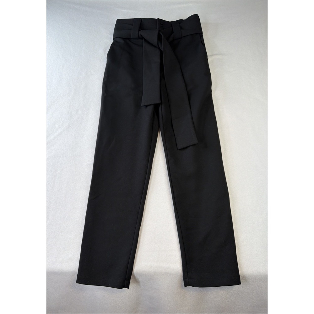 Orttu Womens XS Black High Waist Paperbag Pants Tie Belt Tapered Designer